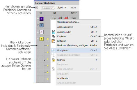 Objektauswahl mittels Farben-Objektliste